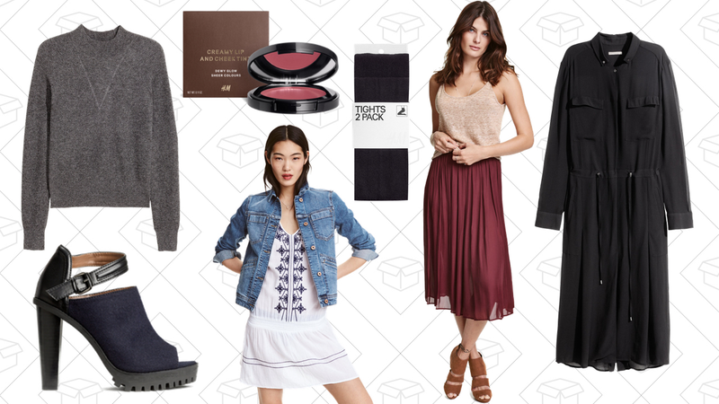 Cashmere Sweater, $35 | Sandals, $14 | Lip and Cheek Tint, $4 | Denim Jacket, $14 | 2-Pack Tights, $5 | Satin Skirt, $14 | Long Shirt Dress, $24